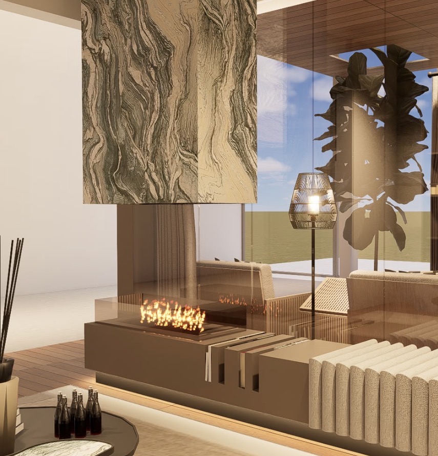 Showroom lounge with fireplace