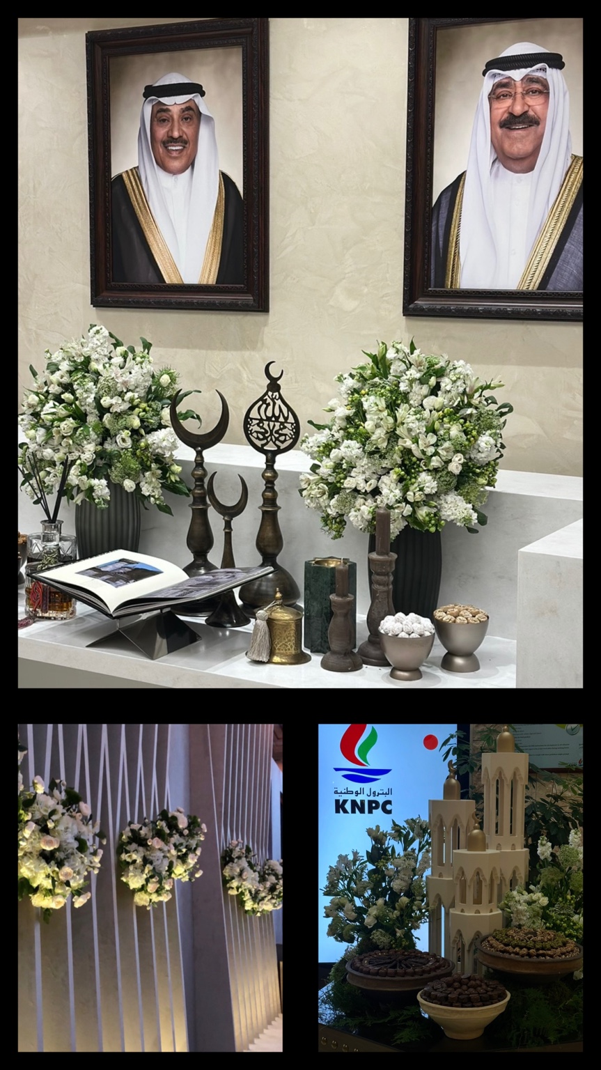 A corporate reception collage with floral details and a KNPC display